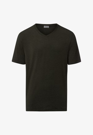 Tumma vihreä V-kaula-aukkoinen t-paita, joka on valmistettu pehmeästä ja kevyestä kankaasta. Lyhyet hihat, rento istuvuus ja ilman näkyviä kuvioita tai koristeita.
