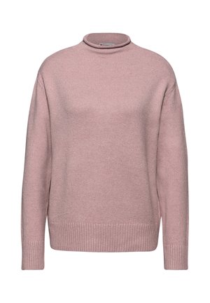 Rosa gestrickter Pullover mit hohem Kragen, langen Ärmeln und geripptem Saum. Die Textur wirkt weich und leicht strukturiert, ideal für die Freizeit.