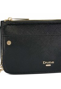 Black textured clutch purse with gold hardware, featuring a logo accent and zip closure. Compact design ideal for essentials.
