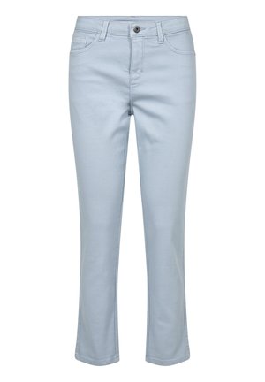 Pantalones de mezclilla azul claro con un diseño clásico de cinco bolsillos, corte recto y cremallera con cierre de botón.