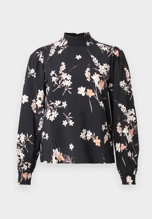 Blusa nera con maniche lunghe, motivo floreale bianco e pesca, collo alto arricciato e polsini arricciati. Tessuto morbido e leggero.