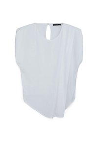 Blusa bianca con vestibilità ampia, tessuto leggero, scollatura rotonda, dettaglio a chiave sulla schiena e orlo leggermente arrotondato.