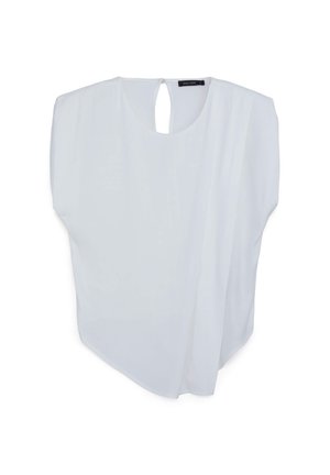 Blouse blanche à coupe loose, en tissu léger, avec un décolleté arrondi, un détail de dos en forme de trou de clé et un ourlet légèrement arrondi.