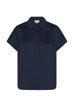 Navy blauwe blouse van gladde stof, met een kraag, korte mouwen, knoopsloze sluiting en geraffineerde details op de schouders.