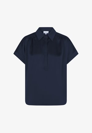 Navy blauwe blouse van gladde stof, met een kraag, korte mouwen, knoopsloze sluiting en geraffineerde details op de schouders.