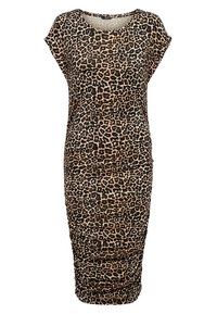Šaty s leopardím potiskem a krátkými rukávy, vyrobené z elastického materiálu, s přiléhavým střihem a nařasenými bočními stranami pro texturu.
