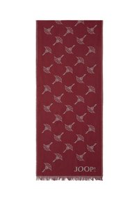 Textile bourgogne avec un motif de feuilles complexe répété en gris clair et un bord à franges, avec un logo dans le coin inférieur.
