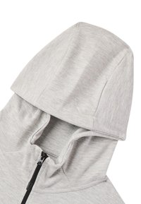 Felpa con cappuccio grigio chiaro, dotata di una cerniera, caratterizzata da una superficie liscia, un cappuccio ampio e un design con cuciture piatte.