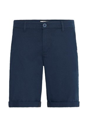 Pantaloni corti blu navy realizzati in tessuto misto cotone, con chiusura a bottone, passanti per cintura e orli arrotolati per un aspetto sartoriale.