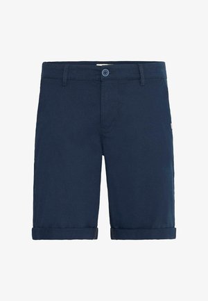 Sötétkék, pamutkeverék anyagból készült rövidnadrág, gombos záródással, övhurkokkal és felgöngyölt szegélyekkel a szabott megjelenésért.