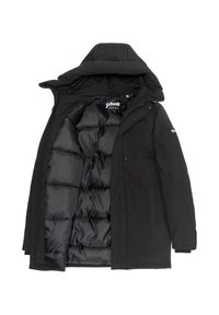 Sort vinterjakke med lynlås i fuld længde, quiltet isolering, aftagelig hætte og et inderfor med vandrette syningsmønstre.