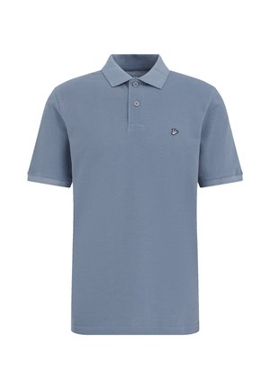 Modré polokošeľa s krátkym rukávom, golierom, dvoma gombíkmi a malým vyšívaným logom vtáka na ľavej strane hrudníka.