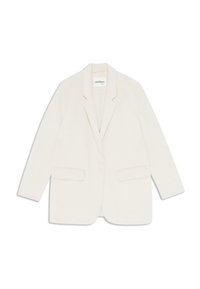 Blazer de color crema claro, hecho de tejido texturizado, con solapa muesca, cierre de un solo botón y dos bolsillos frontales.