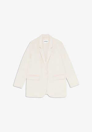 Licht crèmekleurige blazer van textuurstof, met een geknipte revers, enkele knoopsluiting en twee zijzakken.