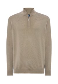 Maglione beige con collo alto e zip frontale a metà. Polsini e orlo a coste con un morbido tessuto a maglia testurizzato.
