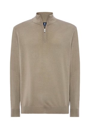 Beige pullover sweater with a high collar and half-zip front. Ribbed cuffs and hem with a soft, textured knit fabric.