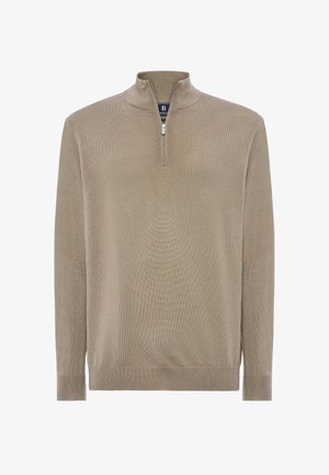Beige pullover sweater with a high collar and half-zip front. Ribbed cuffs and hem with a soft, textured knit fabric.