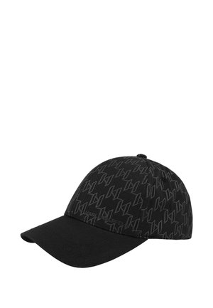 Cappellino da baseball nero con un motivo ripetuto di "K" e testo "Karl Lagerfeld" stampato sul pannello frontale.