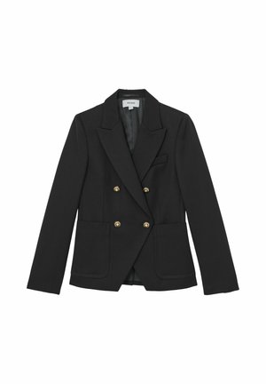 Sacou negru cu două rânduri de nasturi din material texturat, având nasturi aurii, două buzunare frontale și rever tip cruce.