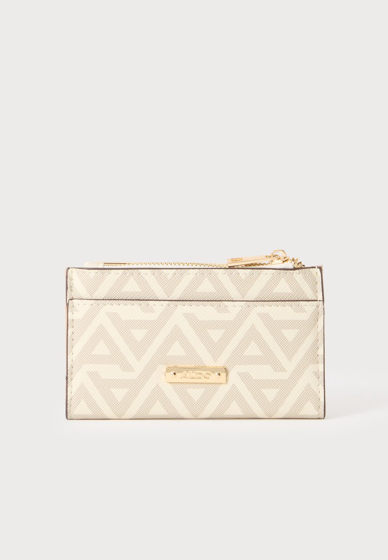 Porte-cartes beige avec motif géométrique, fermeture éclair dorée sur le dessus, et plaque logo ALDO en métal doré sur le devant.