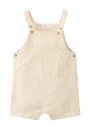 Salopette courte beige et blanche rayée avec poche avant et bretelles ajustables boutonnées pour tout-petits.