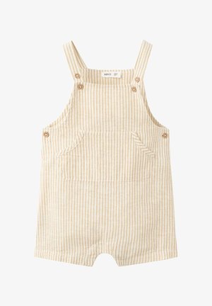 Salopette courte beige et blanche rayée avec poche avant et bretelles ajustables boutonnées pour tout-petits.