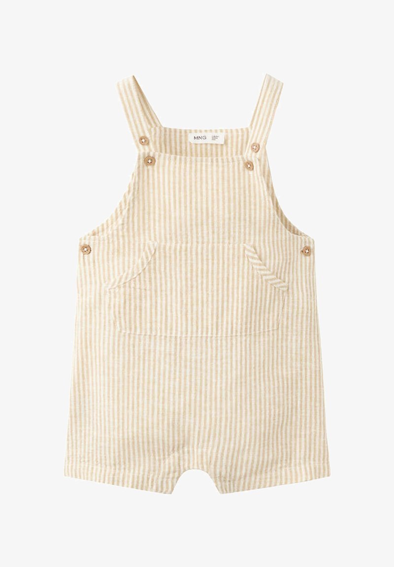 Salopette courte beige et blanche rayée avec poche avant et bretelles ajustables boutonnées pour tout-petits.
