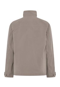 Lysegrå jakke med høj krave, lange ærmer og knapdetaljer på manchetterne. Glat tekstur og minimalistisk design. Set bagfra.