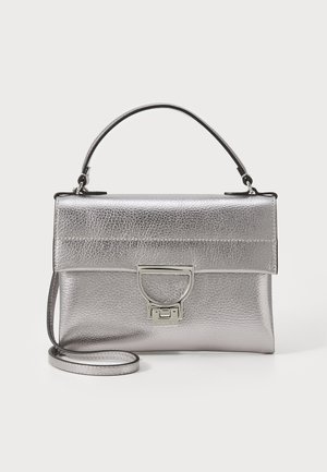 Silver metallic handbag with a textured finish, a top handle, and a detachable shoulder strap. Features a rectangular shape and a clasp closure.