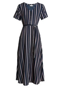 Vestito maxi blu navy a maniche corte con righe verticali rosa e bianche. Presenta un collo a V, bottoni e una cintura in vita per la regolazione.