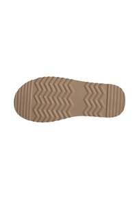 Tan rubber shoe sole featuring a zigzag tread pattern and textured surface for improved grip. Flat design with rounded toe and heel.