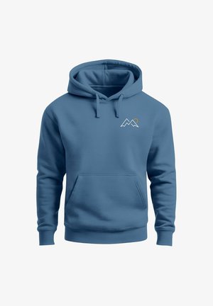 Blue cotton hoodie with a front pocket, adjustable drawstring, and mountain logo in white and orange on the chest. Smooth texture.