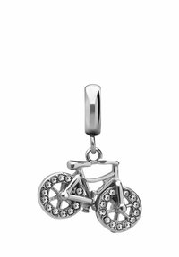 Zilveren fietsbedel met gedetailleerde wielen versierd met heldere kristallen, gepolijste oppervlakte en een lus om aan sieraden te bevestigen.