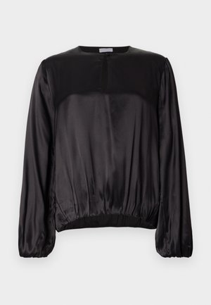 Black satin long-sleeve top with a round neckline, a small front keyhole, and a gathered elastic hem for a fitted silhouette.