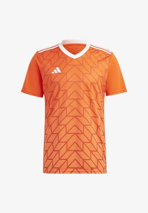 Oranges Sportshirt mit einem geometrischen Dreiecksdesign, V-Ausschnitt und weißen Akzenten. Hergestellt aus leichtem, atmungsaktivem Material.