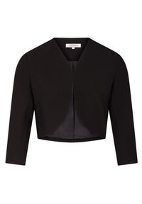Black cropped open-front blazer with long sleeves and rounded hem, featuring a "Morgan" brand label inside the collar.