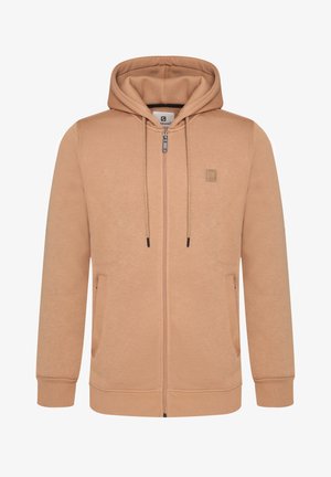 Sudadera con capucha beige con cremallera, bolsillos delanteros, cordones, puños acanalados y un pequeño logo cuadrado en el pecho izquierdo.