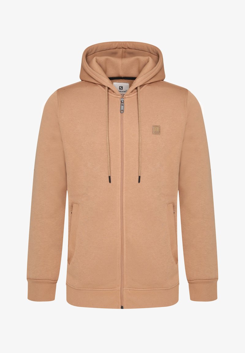 Sweat à capuche beige zippé avec poches avant, cordons, poignets côtelés et petit logo carré sur la poitrine gauche.