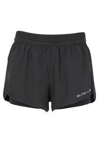 Shorts de sport noirs avec une taille élastique, présentant un design superposé et un short intérieur. Logo "ELITE LAB" en bas à droite.