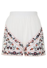 Shorts blancs avec une ceinture élastique ornée d'une broderie florale colorée en rose, orange et bleu le long des coutures diagonales.
