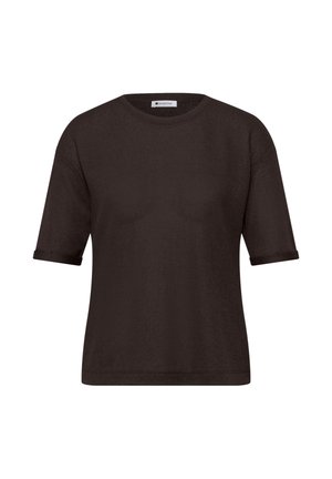 Pull en maille marron foncé à manches courtes avec col rond et poignets légèrement retroussés, présenté sur un fond blanc.