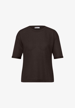 Pull en maille marron foncé à manches courtes avec col rond et poignets légèrement retroussés, présenté sur un fond blanc.