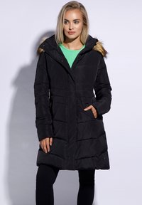 Black puffer coat with a zippered front, side pockets, and a detachable faux fur hood. Features quilted design for added warmth.