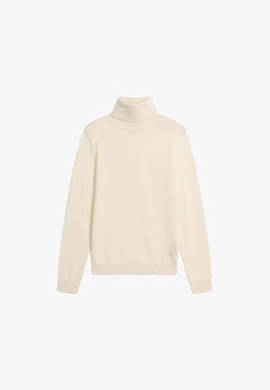 Roomkleurige, coltrui met lange mouwen, geribbelde manchetten en zoom, plat neergelegd op een witte achtergrond.