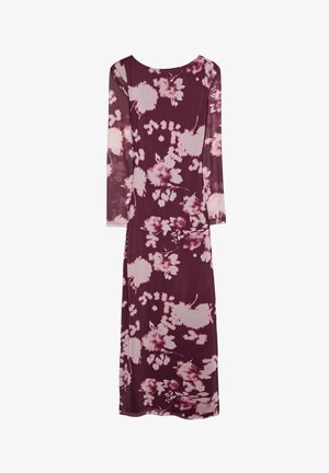 Long floral dress featuring a burgundy base with light pink abstract floral patterns, round neckline, and long sleeves. Lightweight, flowy fabric.
