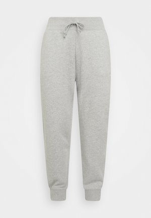 Light gray sweatpants made of soft cotton blend fabric, featuring an elastic waistband with a drawstring and tapered cuffs at the ankles.