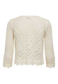 Lightweight, ivory knit top featuring a textured open weave, scalloped hem, and three-quarter sleeves with a geometric pattern.