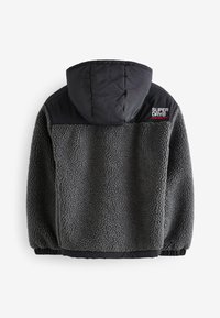 Dark gray fleece jacket with black quilted hood and upper back panel, elastic cuffs, and white-red "Super Dry" logo on the upper right back.