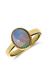 Gouden ring met een ovale opaalsteen met iriserende tinten, omringd door een gestructureerde bezel, en een gladde band die aan de basis taps toeloopt.