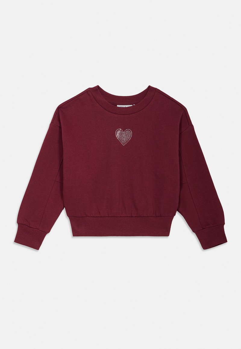 Sweatshirt bordô com mangas longas, punhos e barra canelados. Apresenta um design de coração em strass no centro. Tecido macio e texturizado.